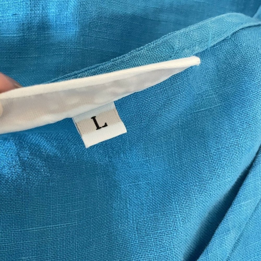 Bryn Walker Linen Blue Midi Dress LARGE Sleeveless Ruffle Front Lagenlook - Picture 6 of 7